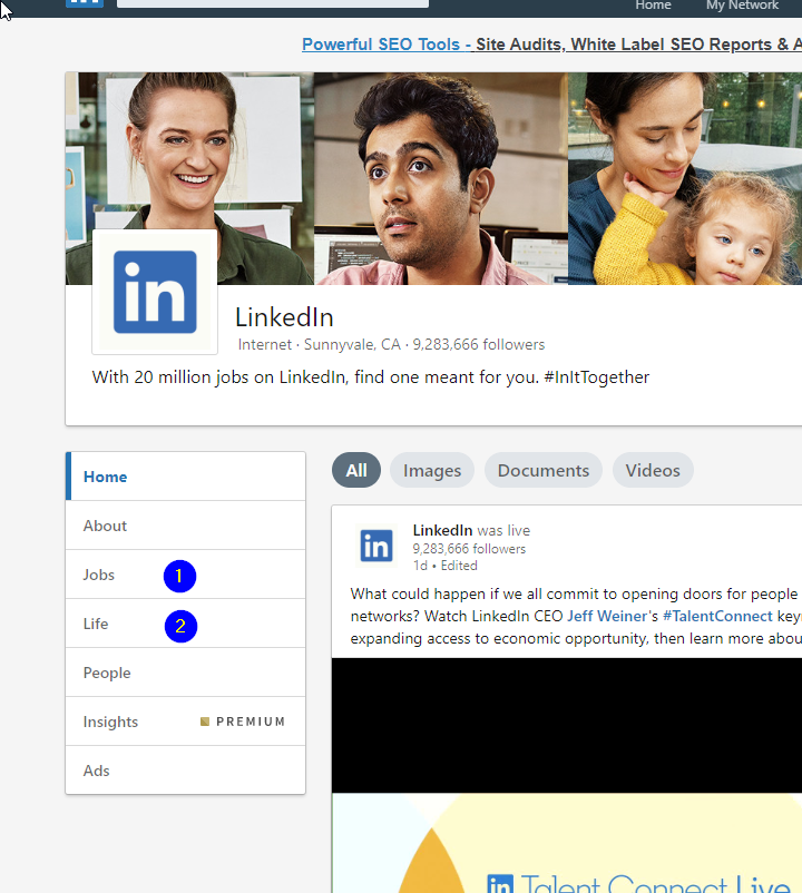 LinkedIn Jobs and Life Pages
